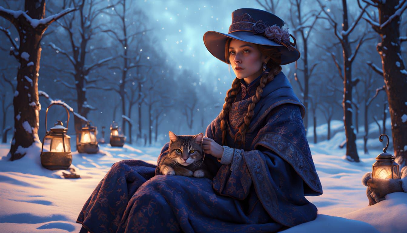 Victorian Lady's Winter Picnic: Fantasy Oil Painting