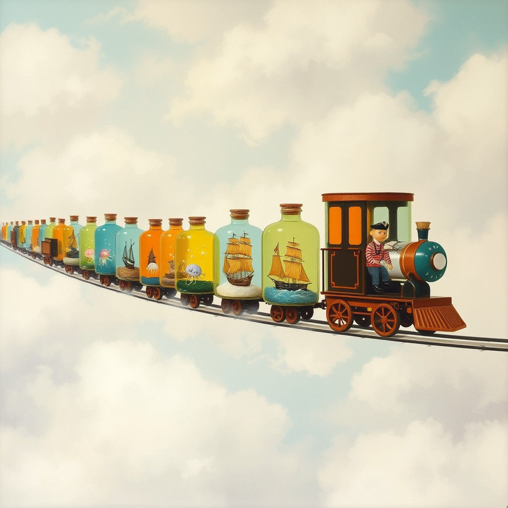 Glass Bottle Train Drifting Through Cloudy Sky