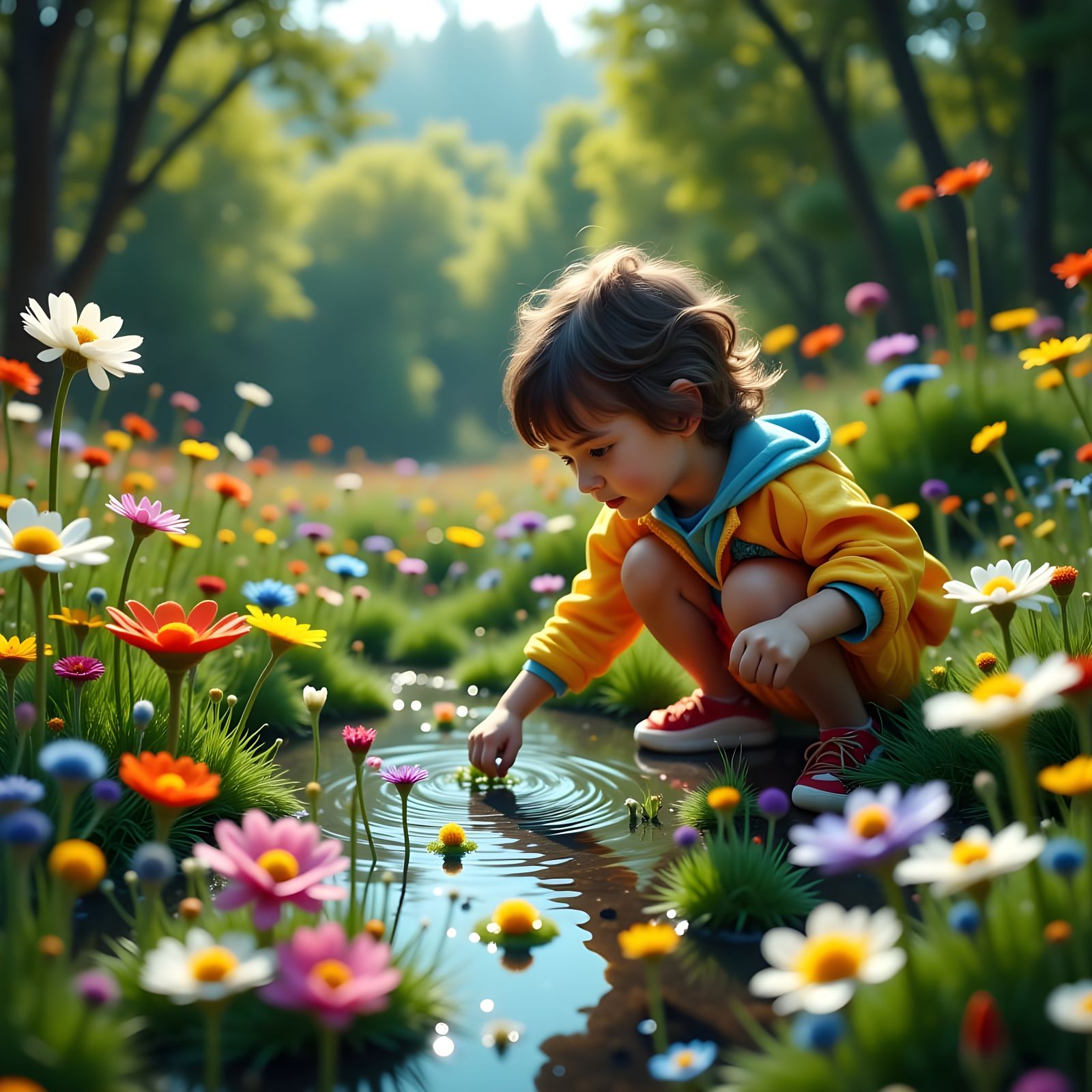 Child Discovers Aquatic Wonders in Vibrant Floral Landscape