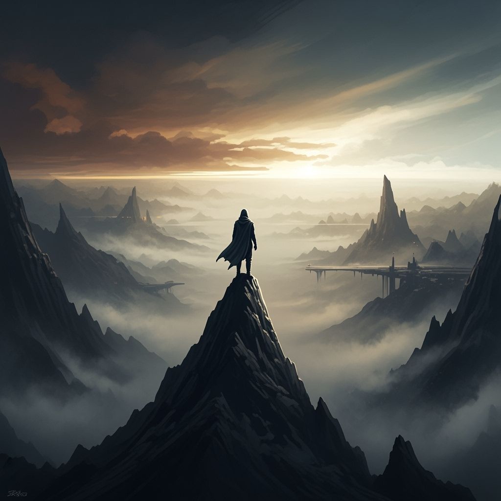 Mystical Figure on Mountain Peak in Romantic Style
