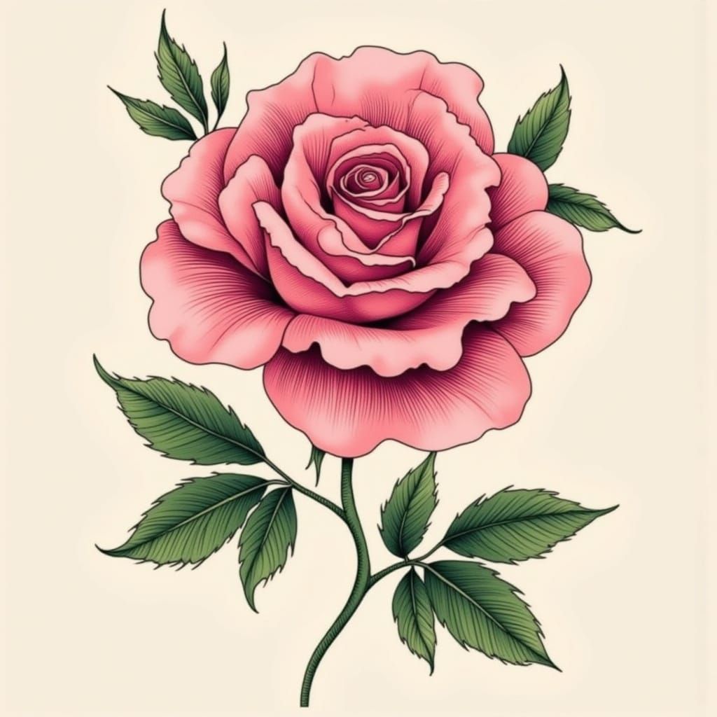 Neo-Traditional Tattoo Design: Pink Rose with Stylized Leave...