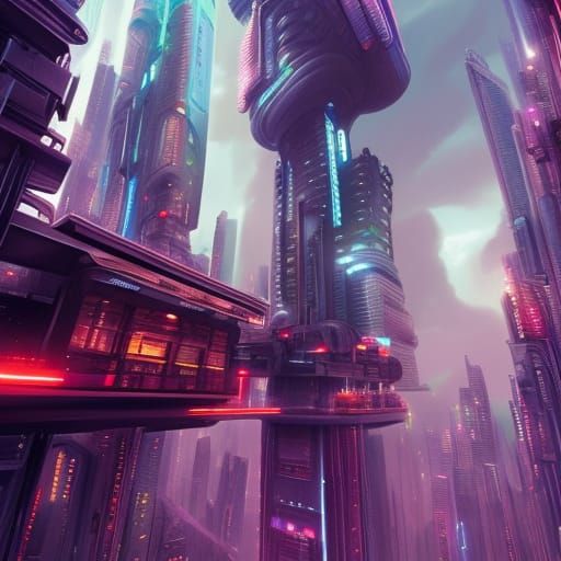 Detailed Futuristic City in Cyberpunk Steampunk Style