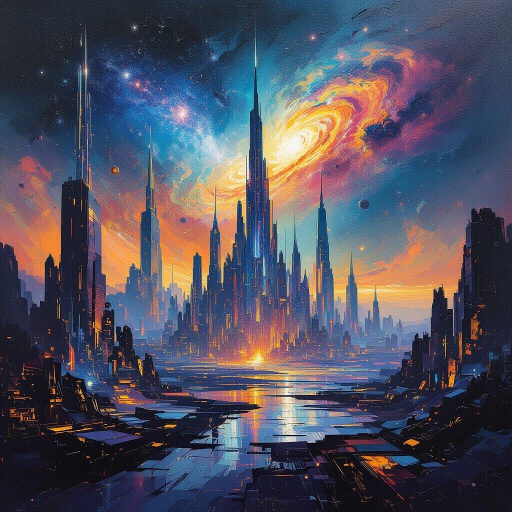 Futuristic Cityscape with Cosmic Sky in Abstract Expressioni...