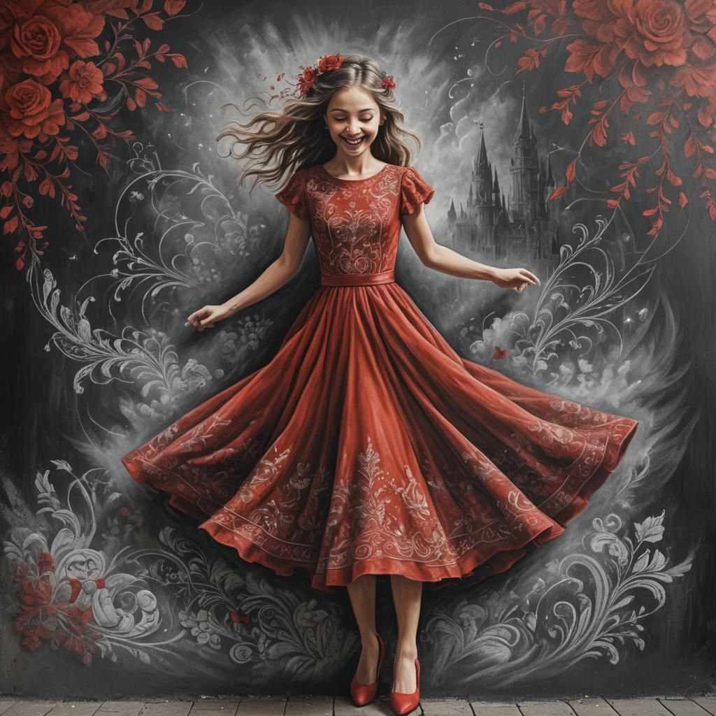 Chalk Art of a Girl in Red Dress