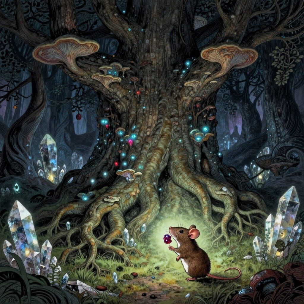 Ancient Bioluminescent Tree in Crystal Cavern with Brave Mou...