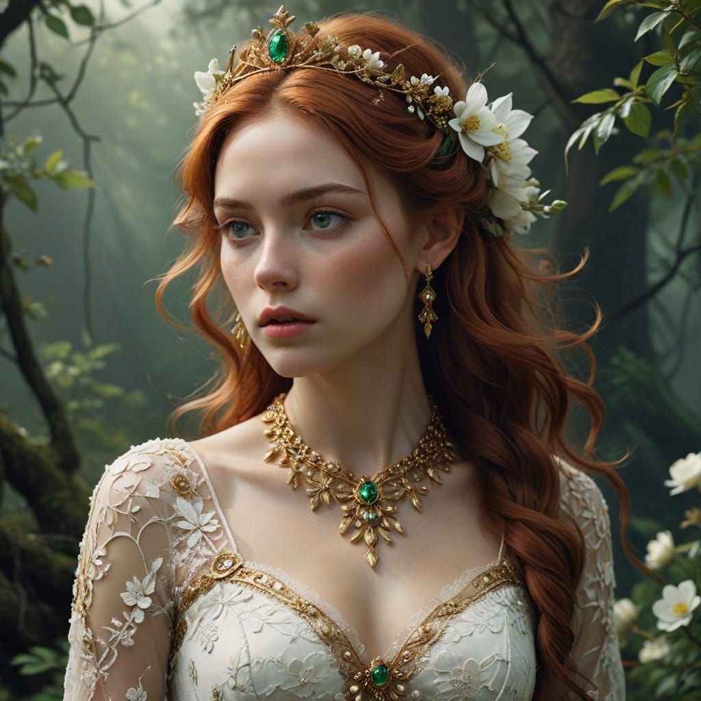 Ethereal Fantasy Queen in Opulent Golden Attire