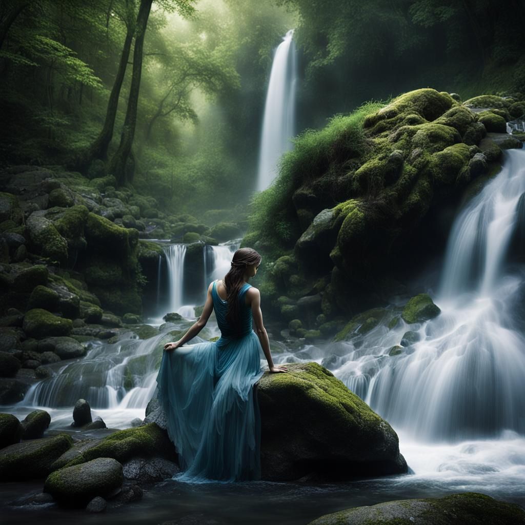 Woman Contemplating Nature Near Waterfall