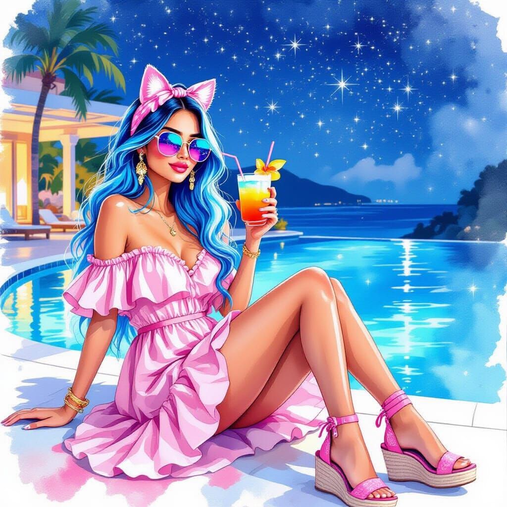 Woman with Blue Hair in Watercolor Ink Splatter Style