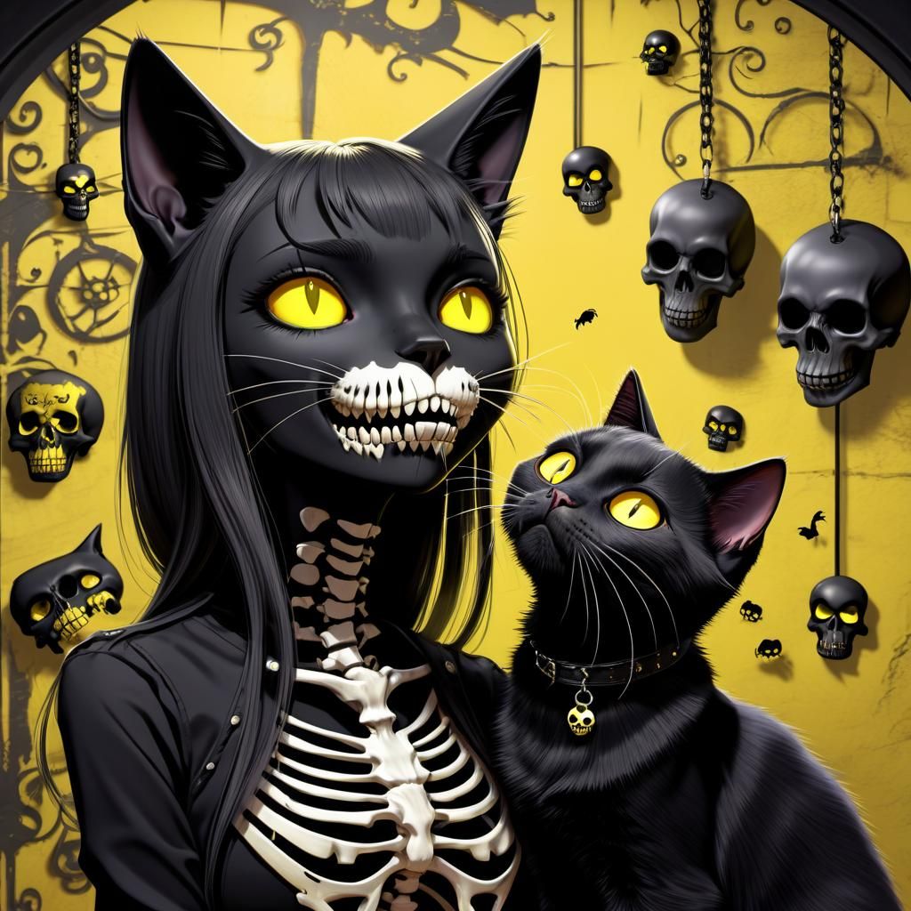 Gothic Girl with Cat in Emo Room