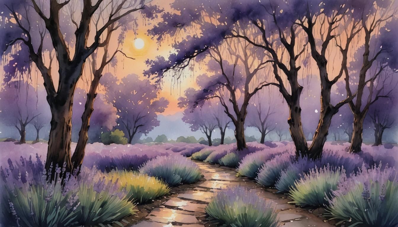 Lavender Twilight Path in Wet Watercolor Style