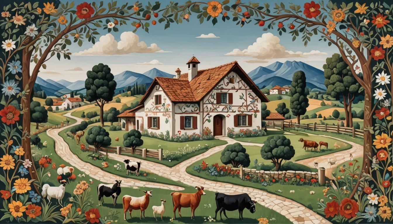 Farmhouse in Countryside as Pietra Dura Artwork