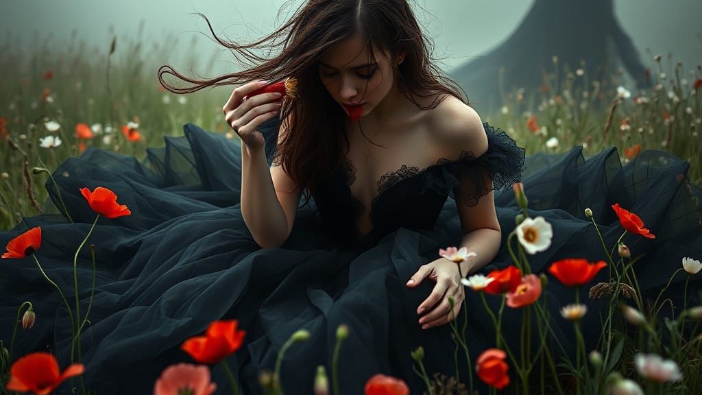 Persephone in Black Tulle Gown in Hyperrealistic Style