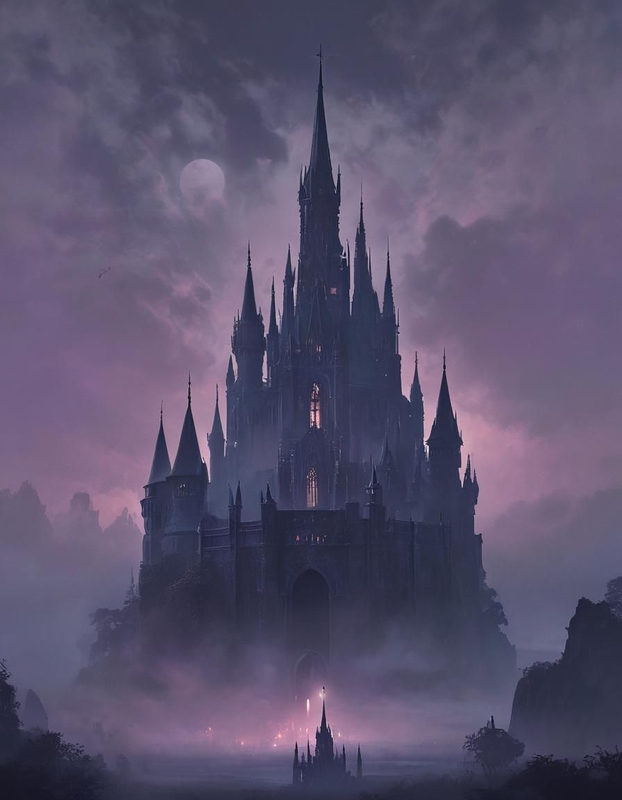 Gothic Castle in Midnight Fog Digital Painting