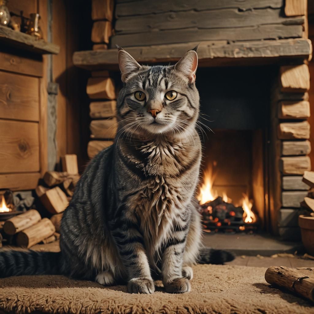 Cozy Tabby Cat by Fireplace in Autumnal Cabin