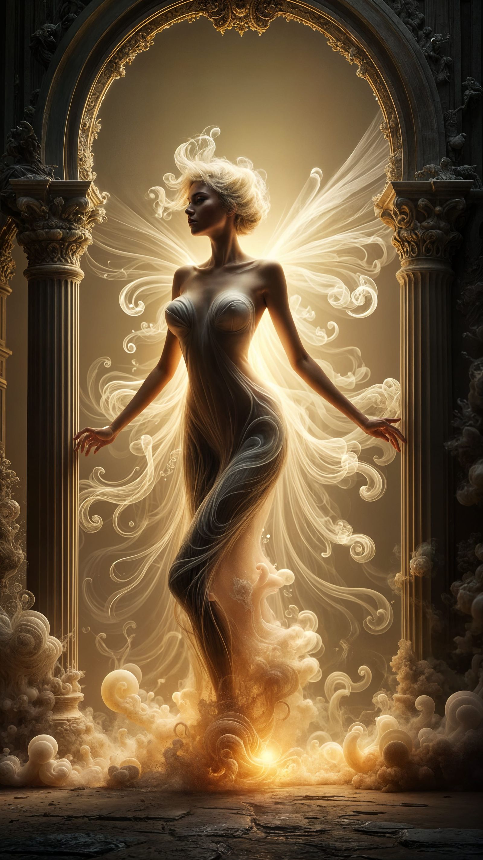 Mysterious Light Figure in Crumbling Temple