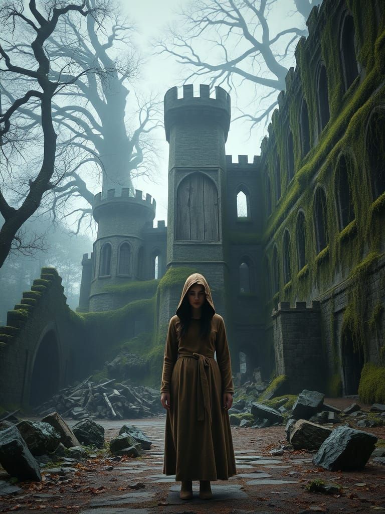 Young Woman Stands Before a Ruined Castle in a Lush, Mysteri...
