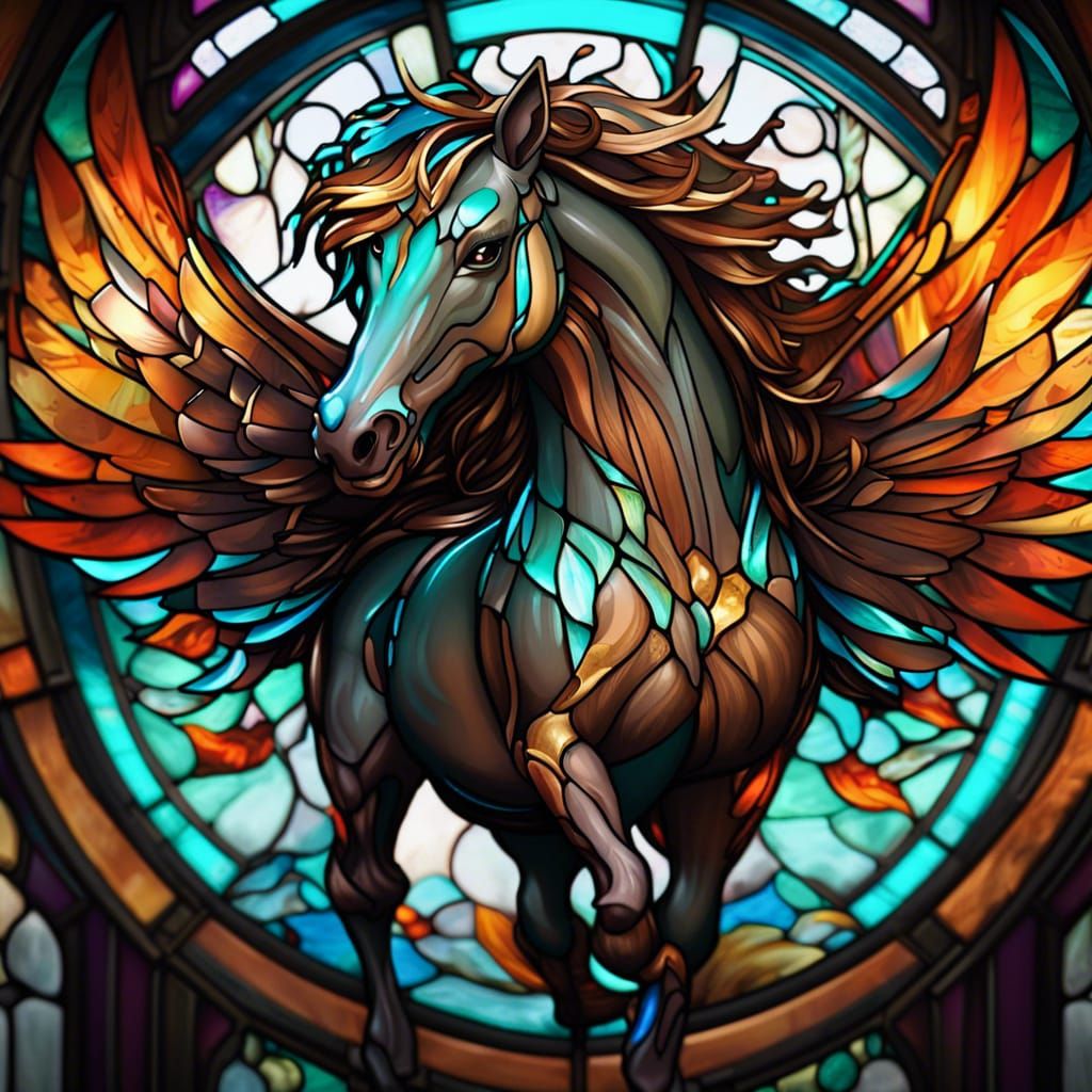 Stained Glass Winged Horse Art Nouveau Style