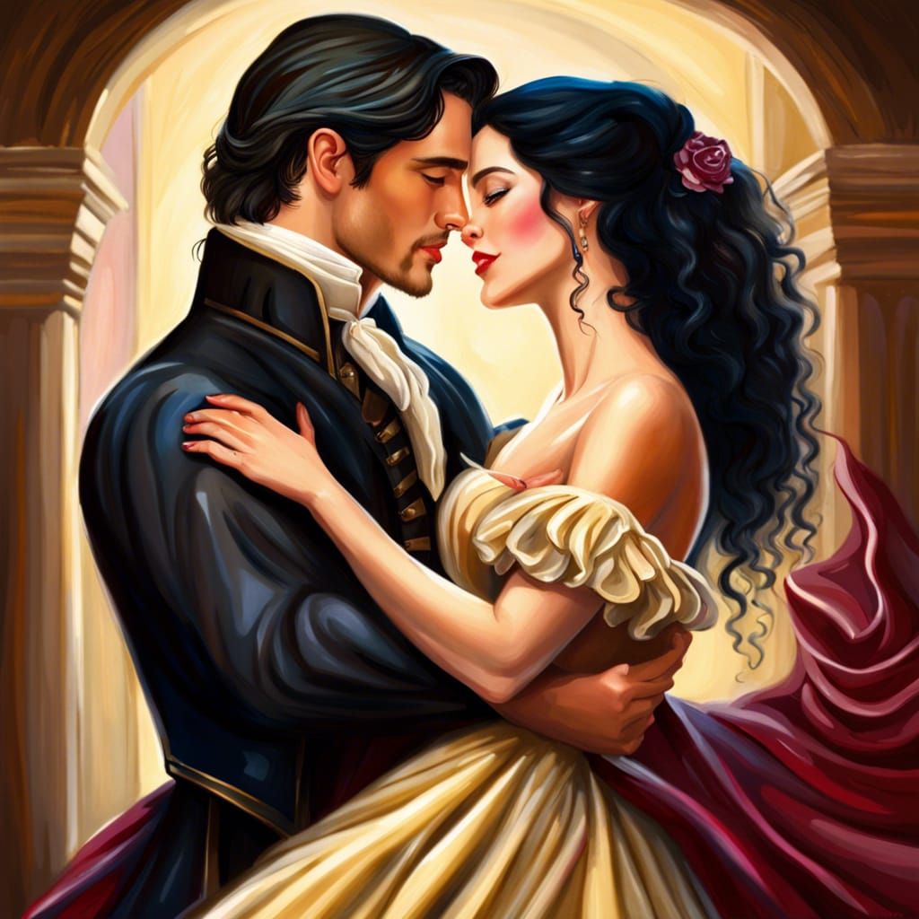 Romantic Historical Embrace in Bright Colors