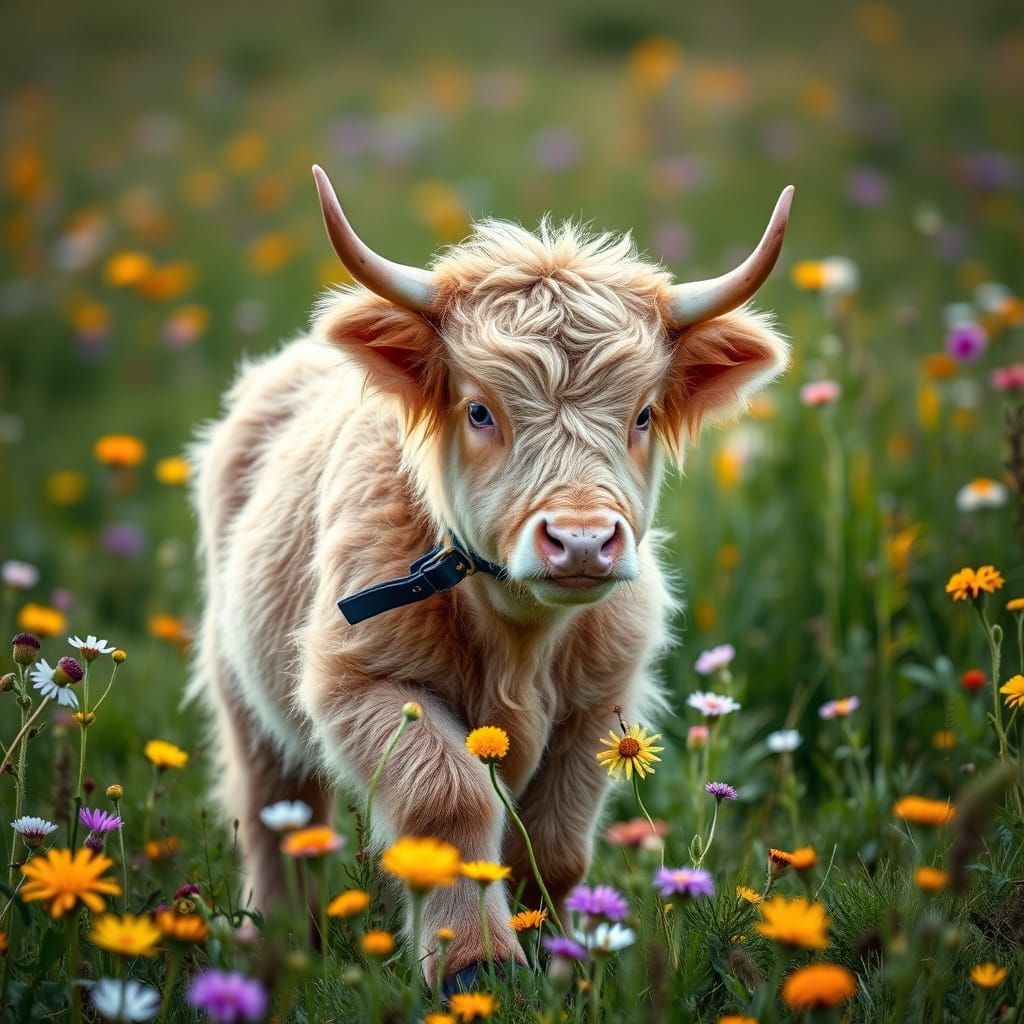 Baby Highland Cow Frolicking in Wildflower Meadow