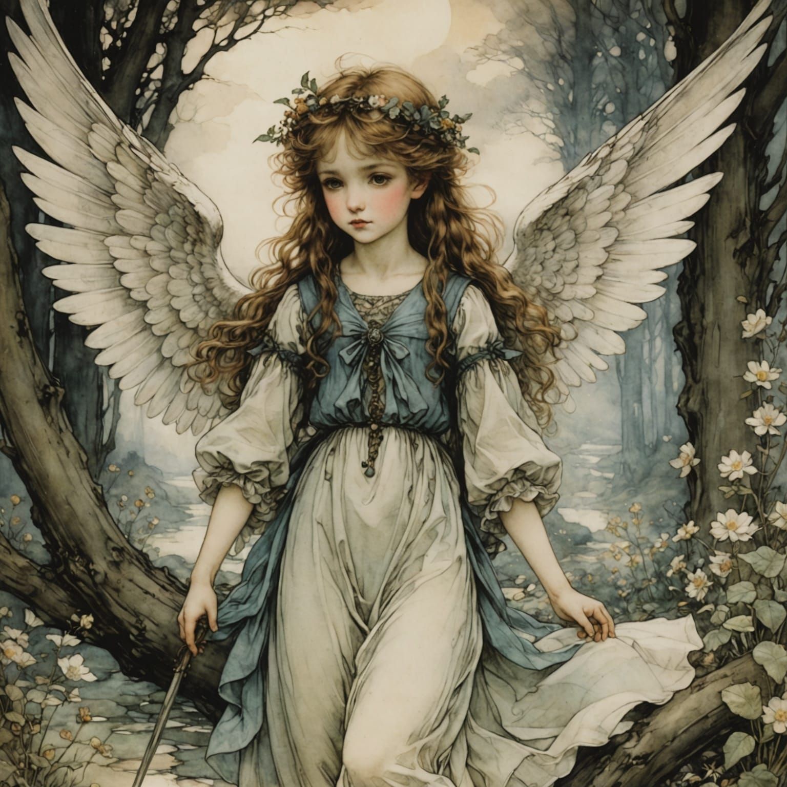 Angelic Sweetness in Arthur Rackham Anime Style