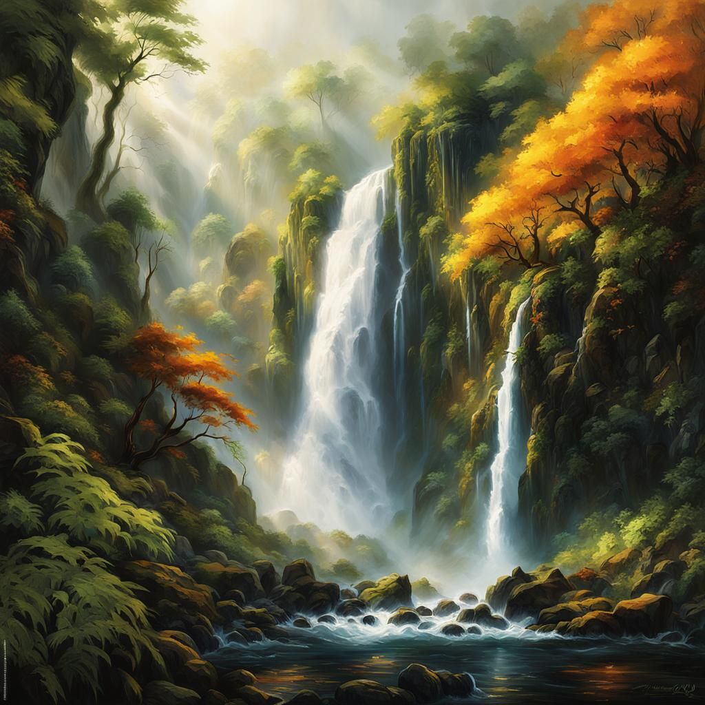 Majestic Waterfall in Dreamlike Digital Oil Painting