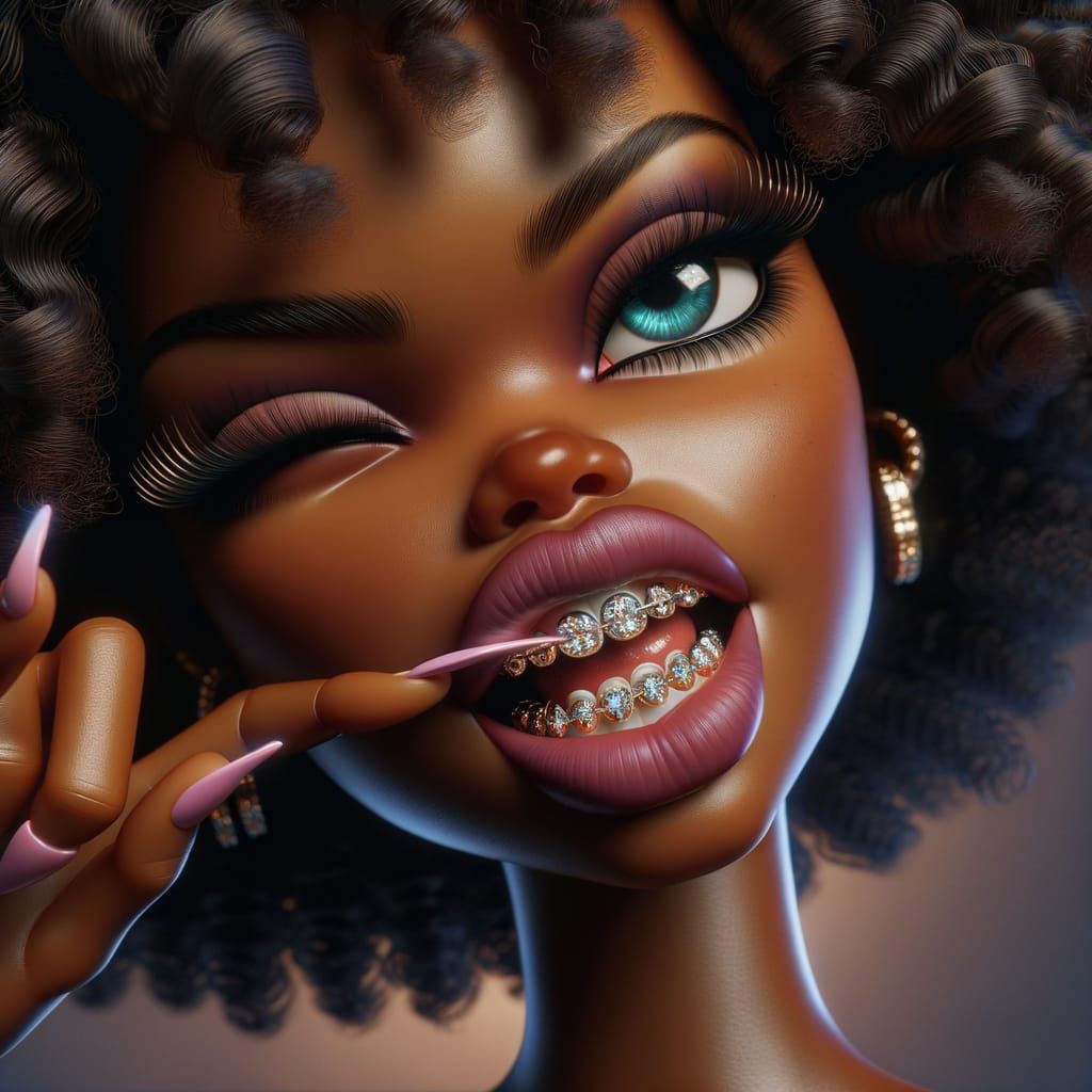 Fantasy Doll Woman Grimaces, Showing Tooth Gems