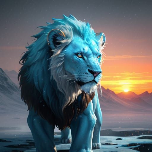 Majestic Ice Lion with Glowing Eyes at Sunset