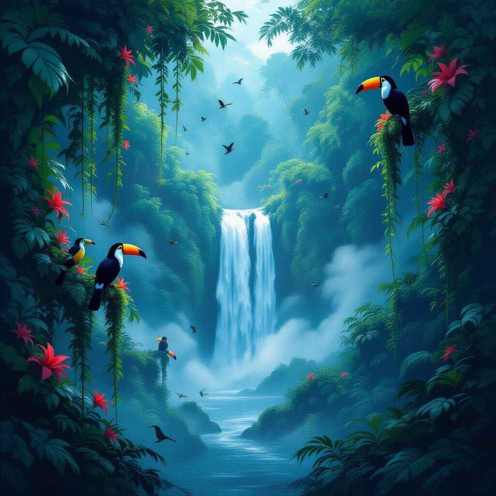 Misty Rainforest Waterfall Oasis with Birds at Night