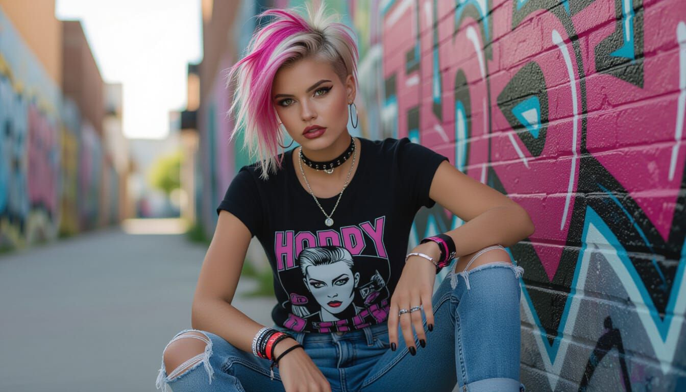 Punk Girl with Asymmetrical Hair in Urban Setting