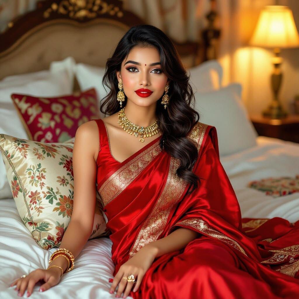 Glamorous Indian Woman in Red Saree on Decorated Bed