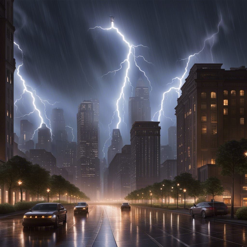Dramatic Cityscape During Thunderstorm in Detailed Digital P...