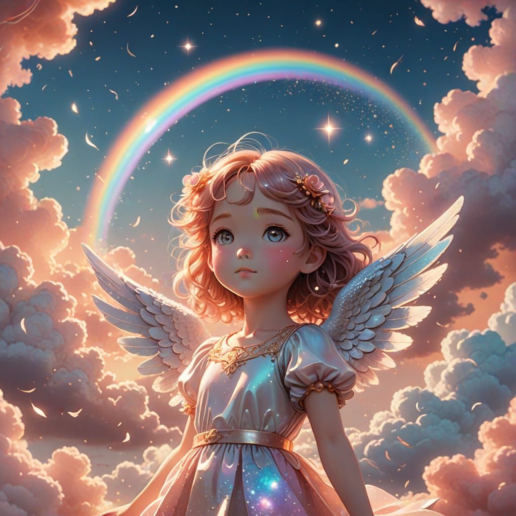 Whimsical Angel Descends in Radiant Rainbow Light