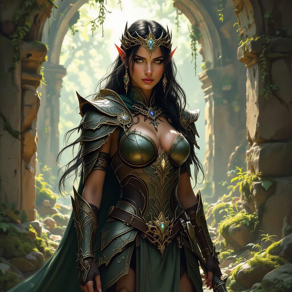 Elven Warrior Queen in Mossy Ruins, Epic Fantasy Concept Art