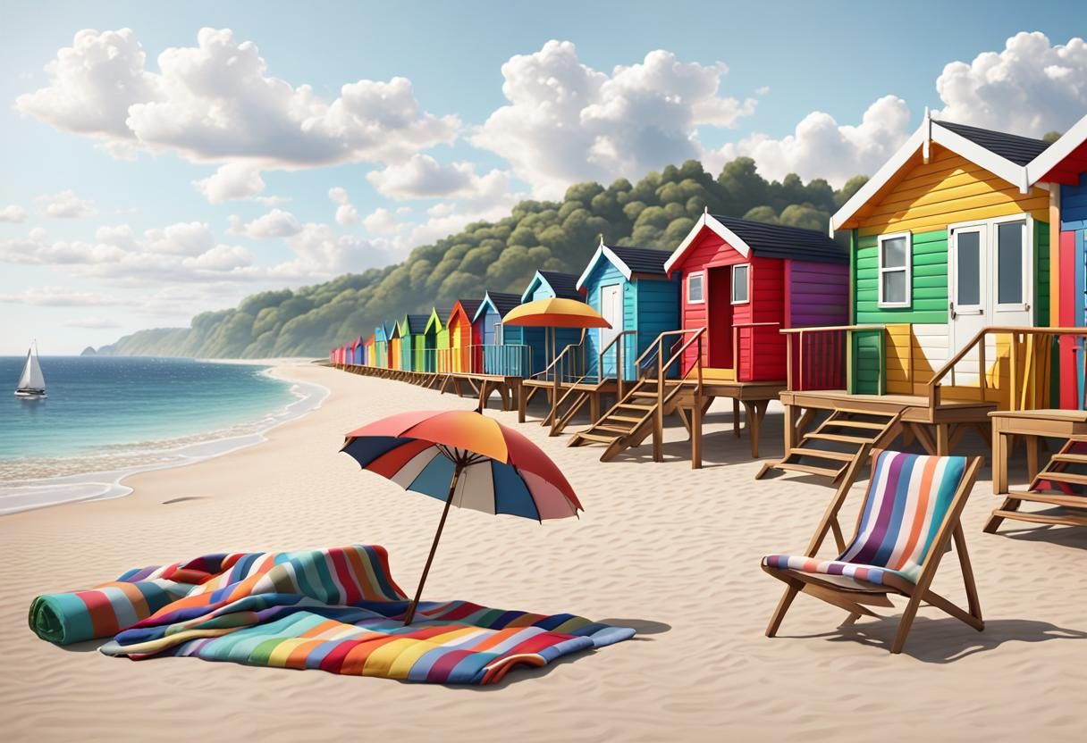 Colorful Beach Huts on Sandy Shore