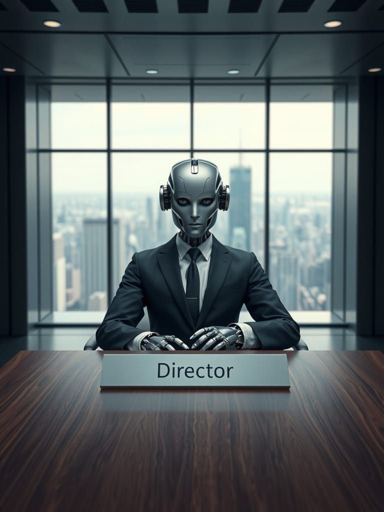 High-Tech AI Robot Directs from Futuristic Office