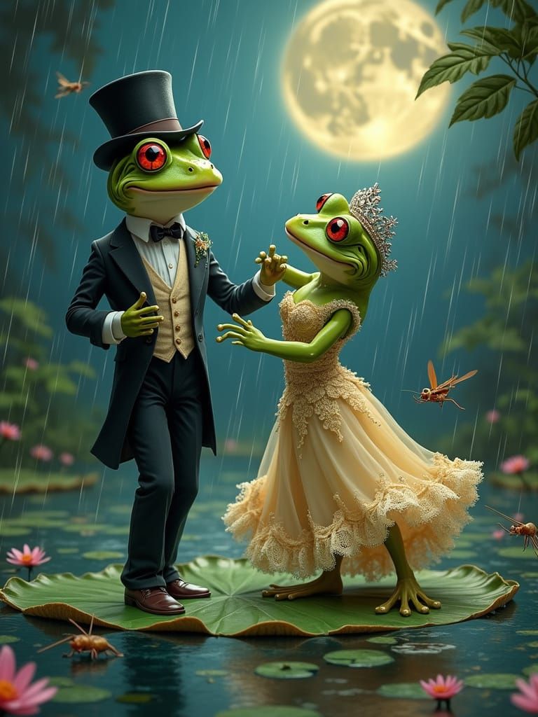 Frogs Waltzing in the Rain, Whimsical Digital Art