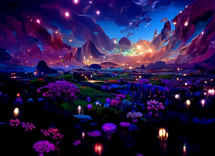 Pastel Alien Landscape with Luminous Stars