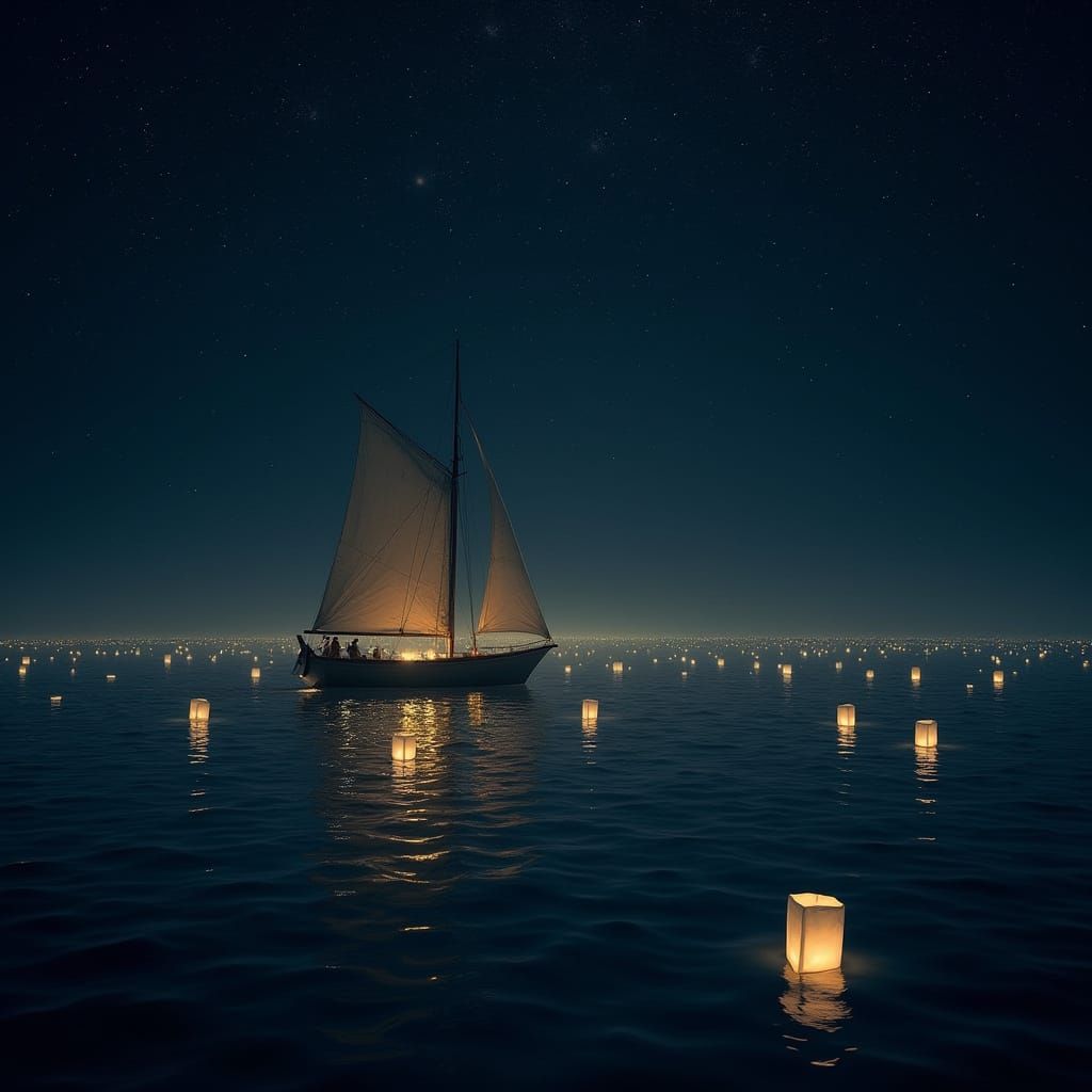 Glowing Lanterns on Midnight Ocean, Surrealist Style