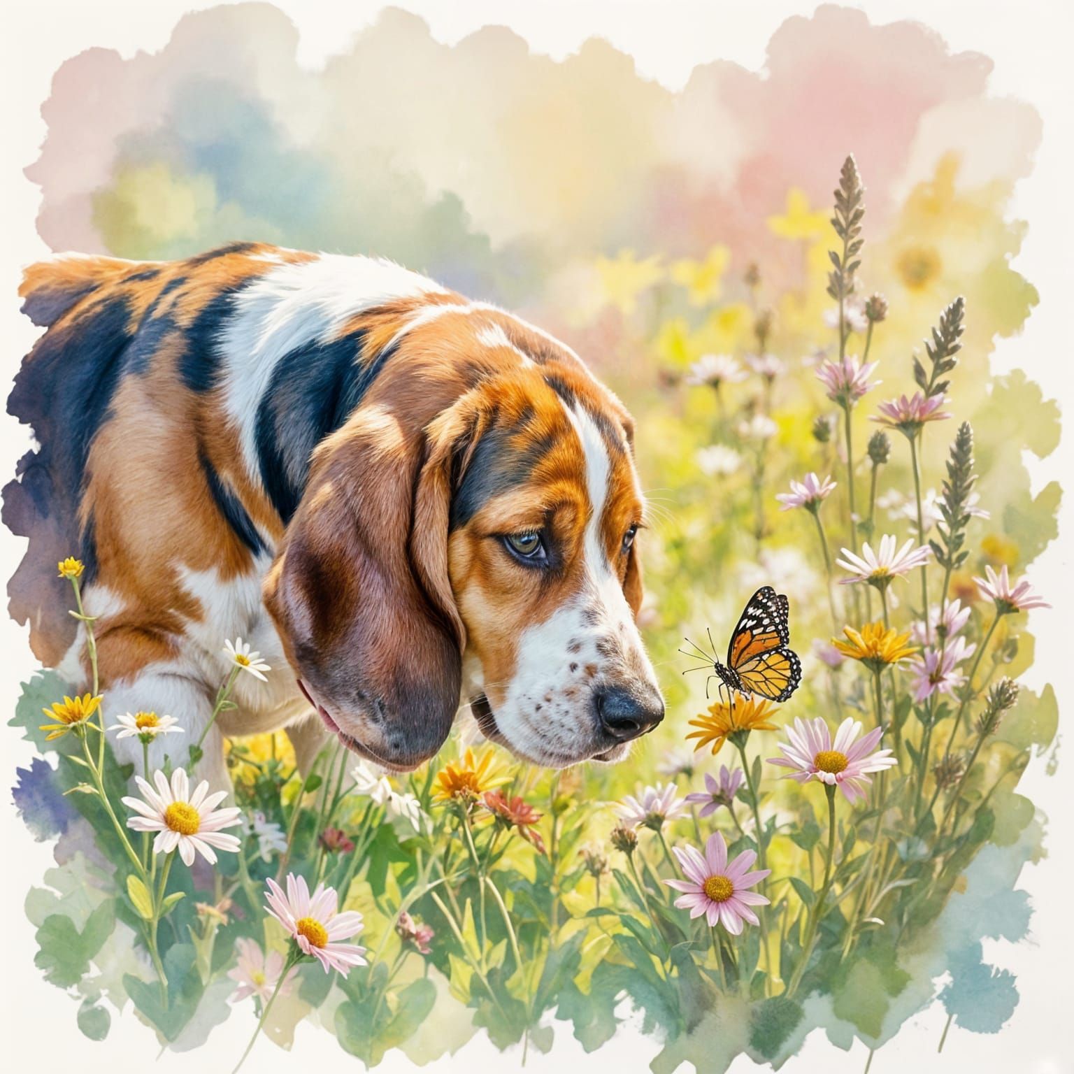 Basset Hound Discovers Butterfly in Watercolor Field