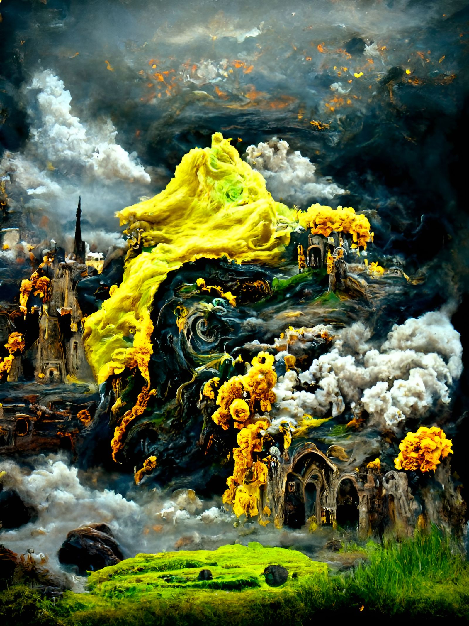 Surreal Medieval Landscape Oil Painting with Swirling Galaxy