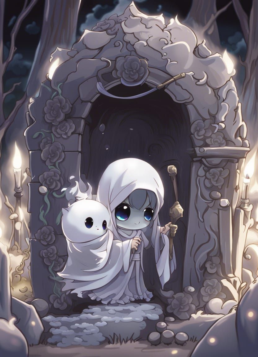 Cute Chibi Ghosts Playing by Grave in Anime Style