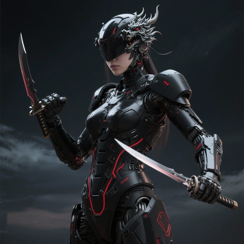 Cyberpunk Mecha Samurai with Dragon Helmet
