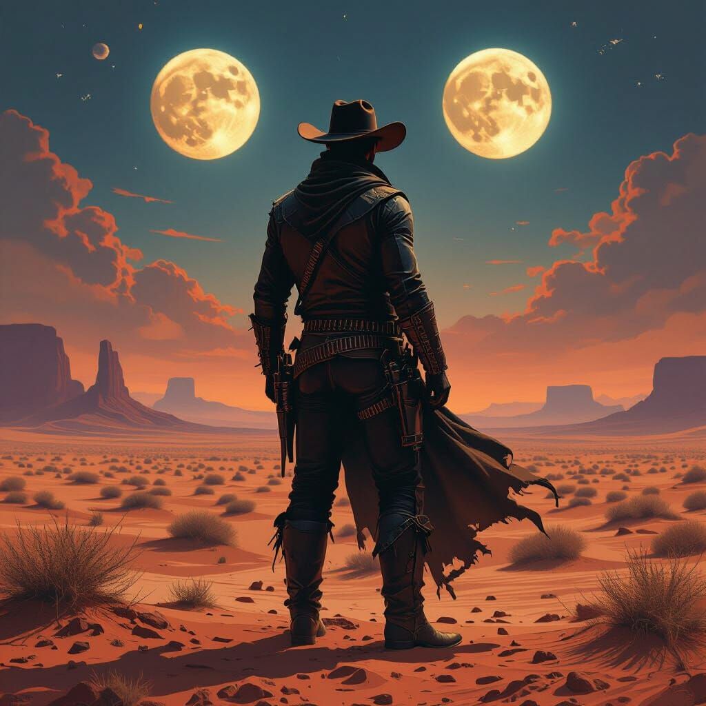 Lone Cowboy Under Twin Moons in Alien Desert
