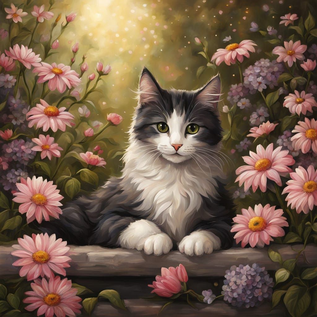 Cute Whimsical Feline Amidst Blooming Florals in a Dreamy Ae...