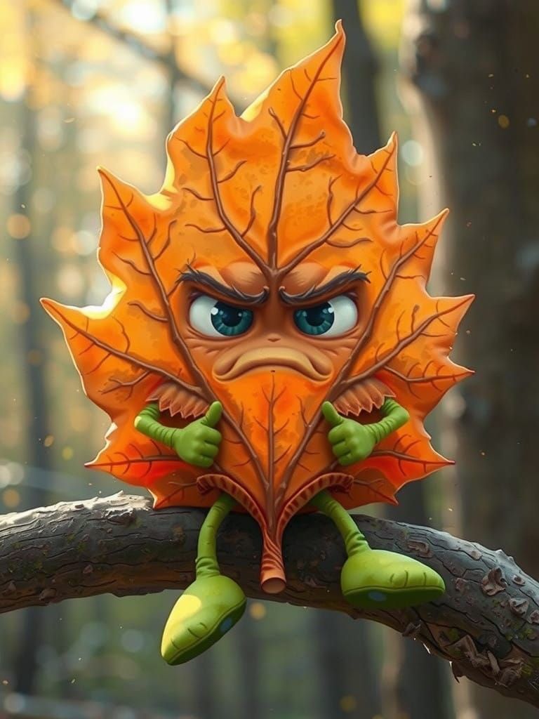Whimsical Autumn Leaf Sprite with Tattered Cloak and Sad Eye...