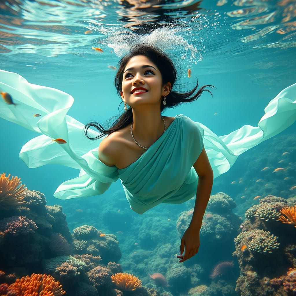 Ethereal East-Indian Mermaid Diving in Vibrant Coral Reefs