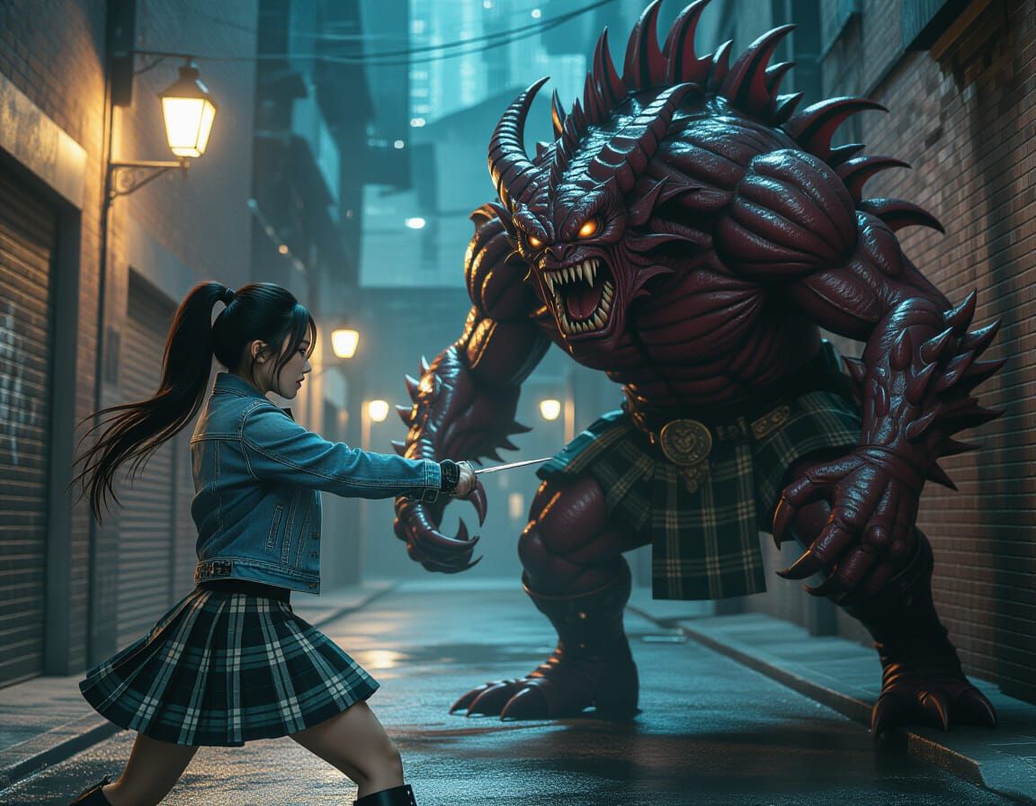 Asian Woman Fights Tentacular Monster in Urban Alley