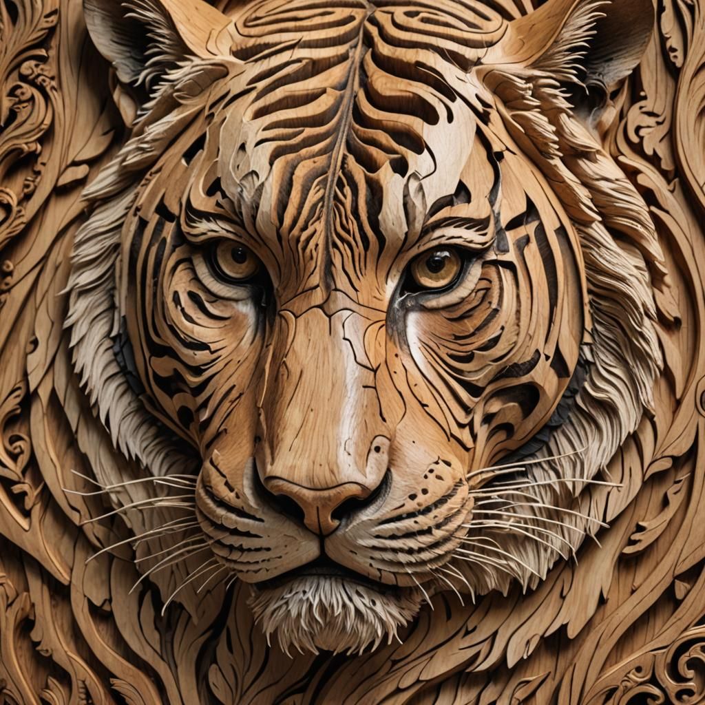 Intricate Woodcarving: Side Profile of a Tiger