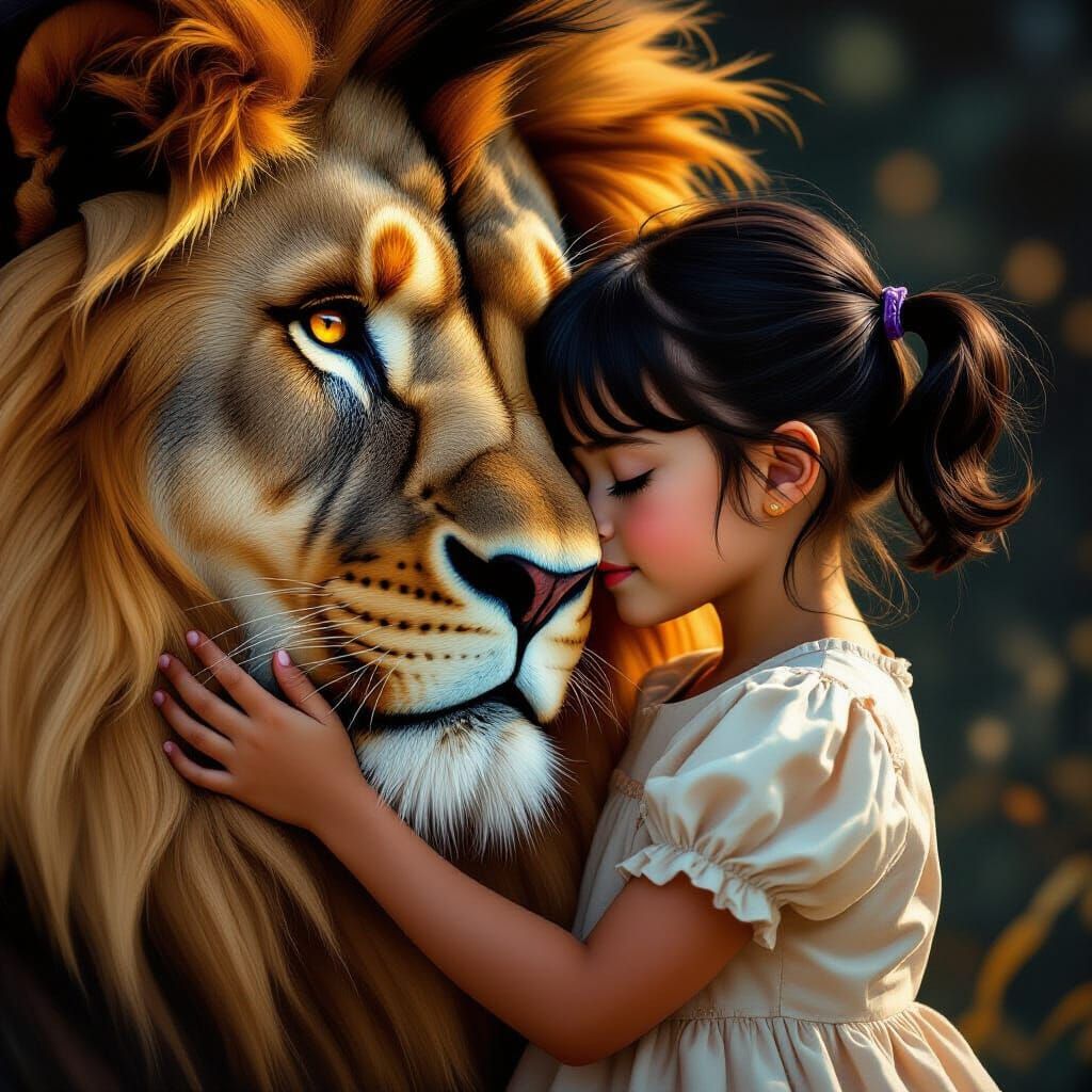 Girl and Lion Portrait in Art Nouveau Style