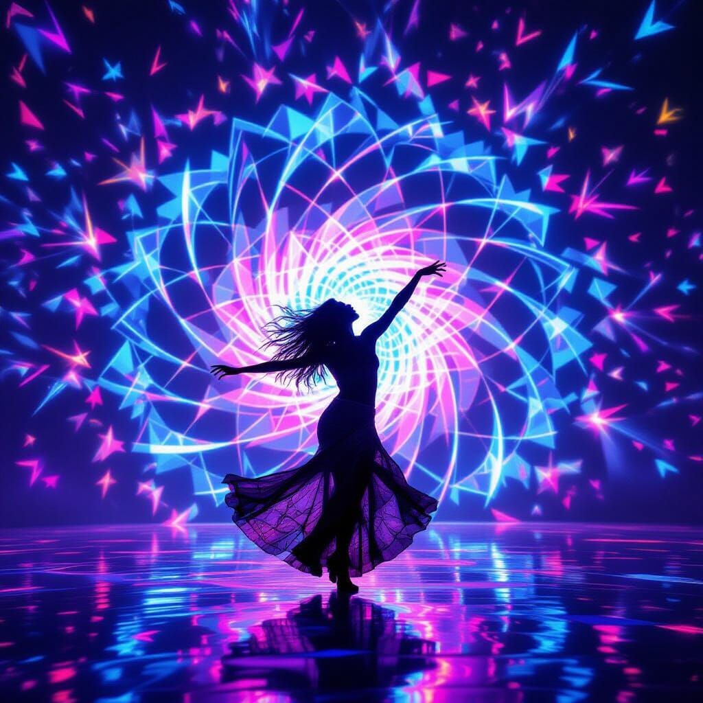 Psychedelic Dancer Silhouetted Against Fluorescent Vortex